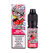 A 10ml bottle of Seriously Salty Berry Watermelon nicotine salt e-liquid with a childproof cap, next to its colorful packaging box which indicates the flavor and product specifications.